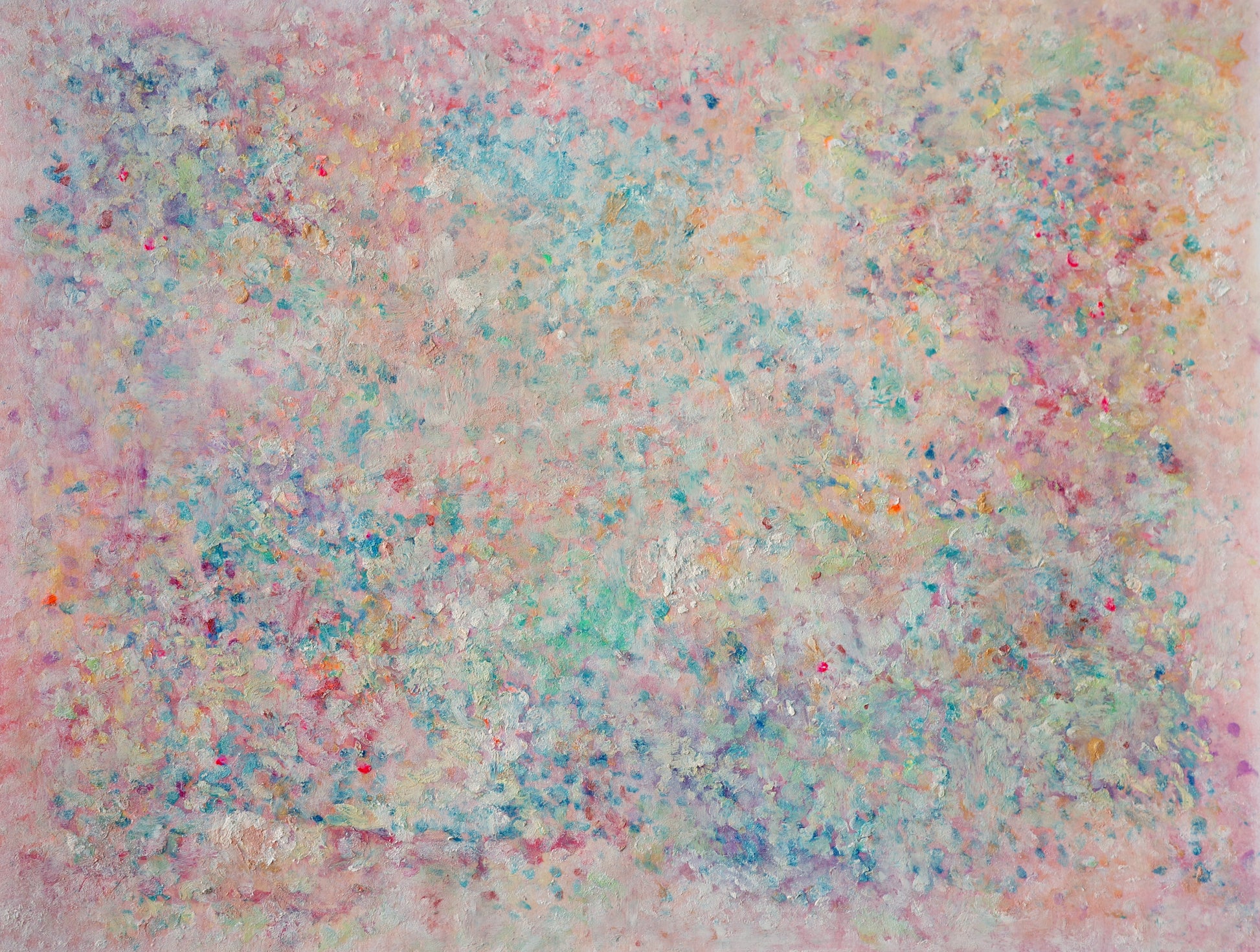 Abstract artwork with a pattern of small, multicolored dots on a light pink background
