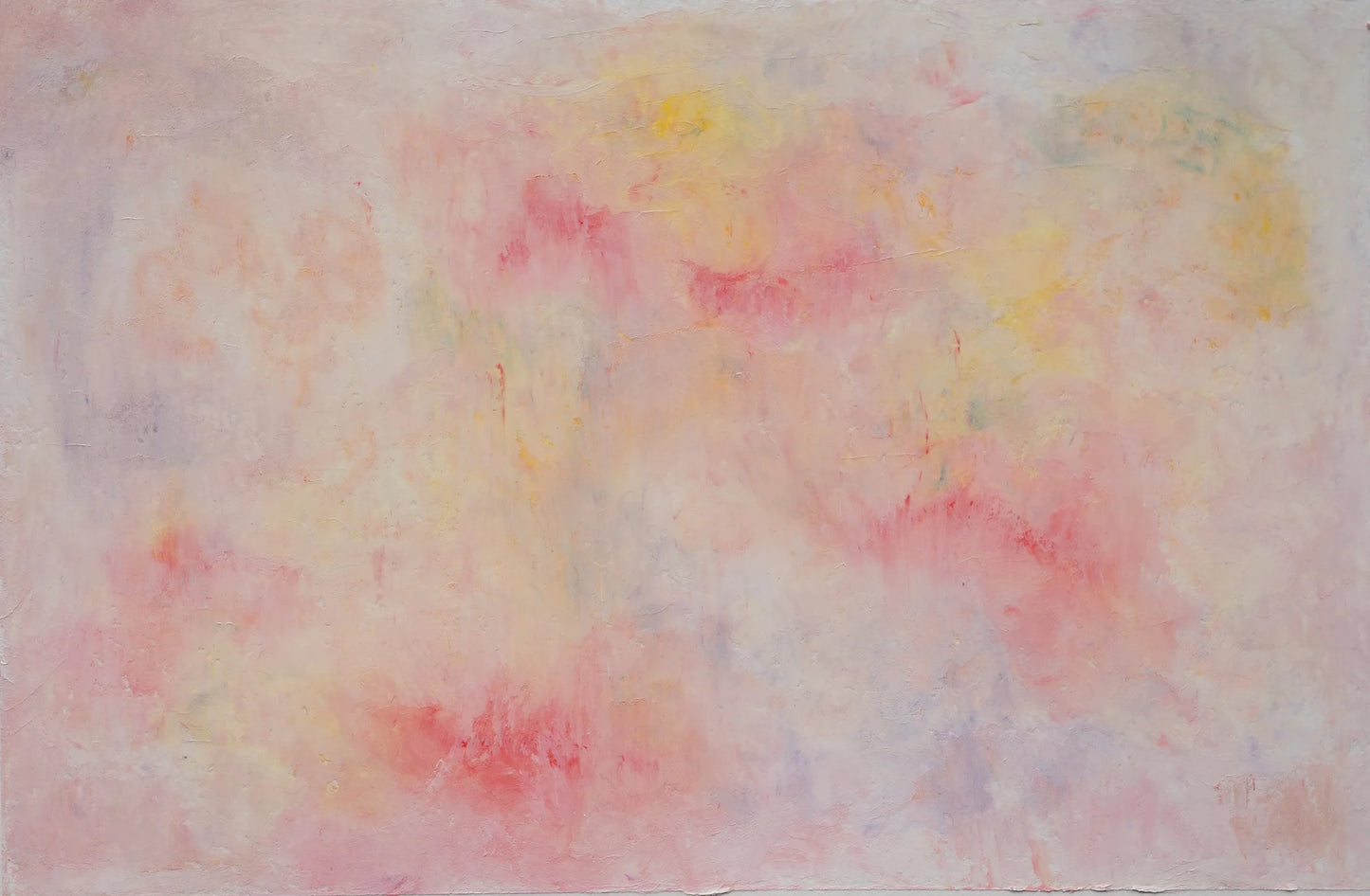 Abstract watercolor painting with soft pink, yellow, and purple hues on a textured paper background.